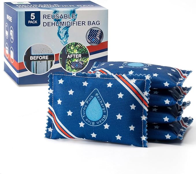 Rechargeable Dehumidifier Bags 5 Pack (100g Each) - Silica Gel Moisture Absorbers for Closet, Car, Gun Safe, Garage Storage, RV - Reusable by Microwave Heating