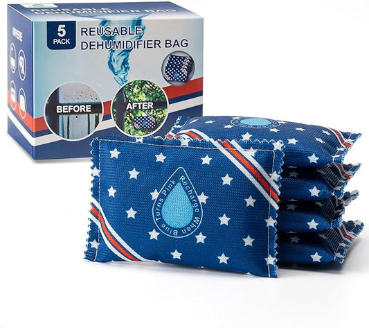 Rechargeable Dehumidifier Bags 5 Pack (100g Each) - Silica Gel Moisture Absorbers for Closet, Car, Gun Safe, Garage Storage, RV - Reusable by Microwave Heating