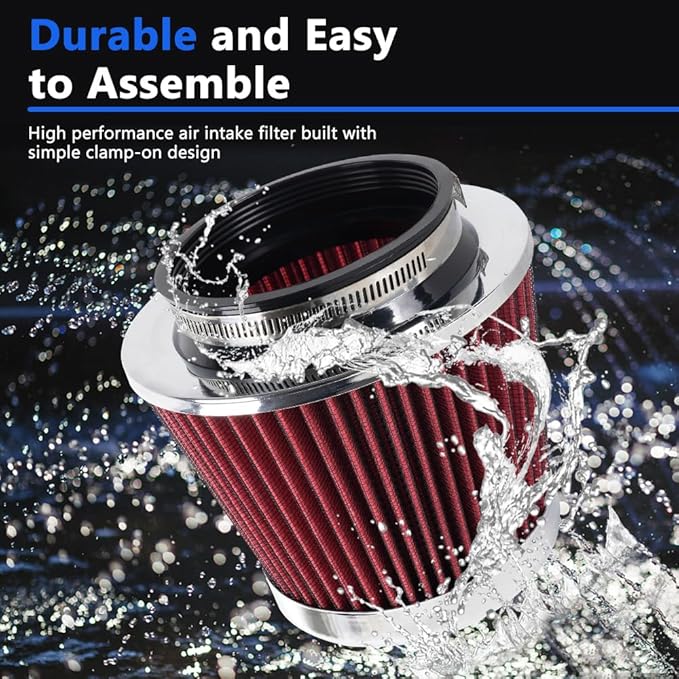 4-Inch Cold Air Intake Filter - Washable, High Performance, 3" or 3-1/2" or 4" Clamp-On Replacement Air Filter Red