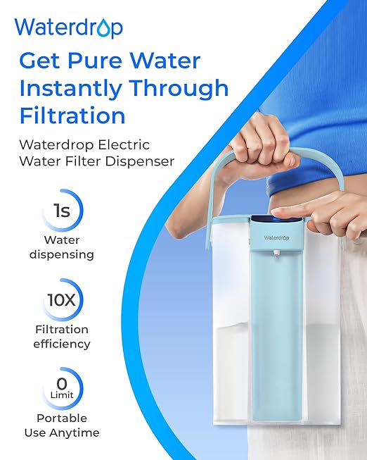 Waterdrop Electric Water Filter Pitcher, Reduce 99.6% of Lead and 45+ Impurities, 200-Gallon Rechargeable Water Dispenser, Instant 15-Cup Countertop System, NSF/ANSI 401&53&42&372, Light Blue
