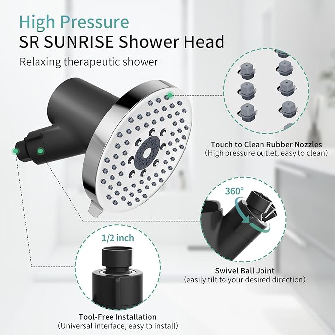 SR SUN RISE Filtered Shower Head with Filters- High Pressure Rain Shower Head,with 20-Stage shower Filter,6 Spray Modes for Hard Water Softener, Remove Chlorine & Heavy Metals (Chrome,5.5 Inch Round)