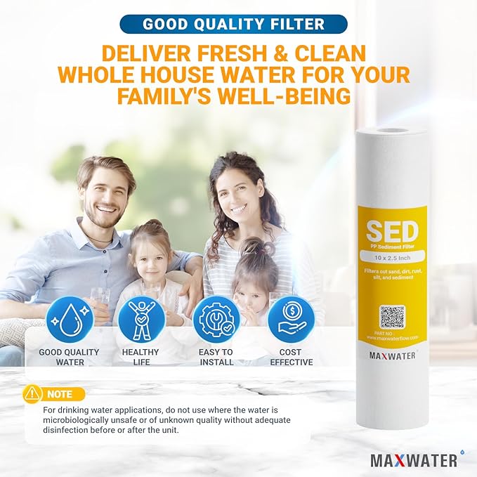 Max Water 5 Micron 10 x 2.5 Whole House Sediment Home Water Filter Cartridge Replacement for RO system Compatible with Well Water Filters - P5, AP110, WHKF-GD05, WFPFC5002, CFS10, 4 Pack