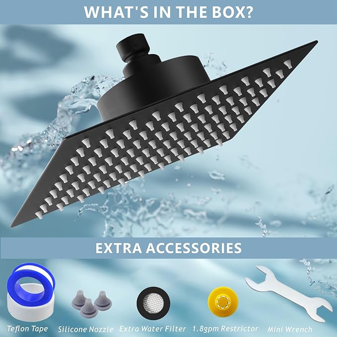 Large Rain Shower Head with Filtered - 12" All Metal Square Rainfall Showerhead Filter for Remove Chlorine and Harmful Substances, Matte Black