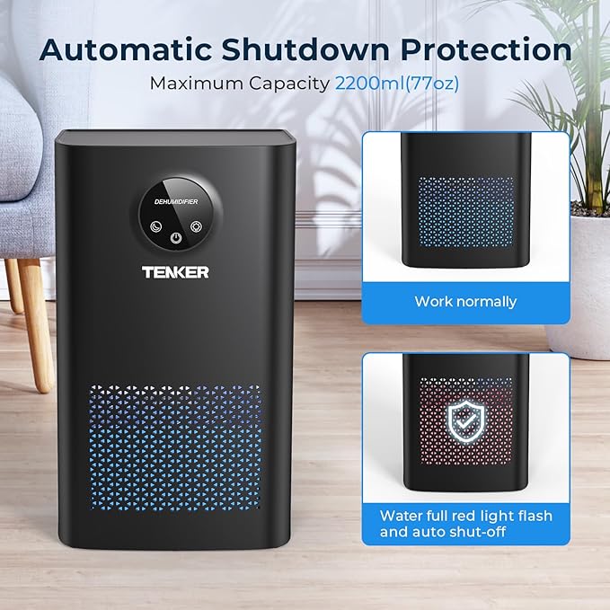 TENKER Dehumidifier for Home, 77 OZ Water Tank (800 sq.ft) Dehumidifiers, Quiet Dehumidifier with Sleep Mode, Auto Shut Off, 7-Color LED Light for Closet Bedroom Bathroom Basement RV, White (Black)