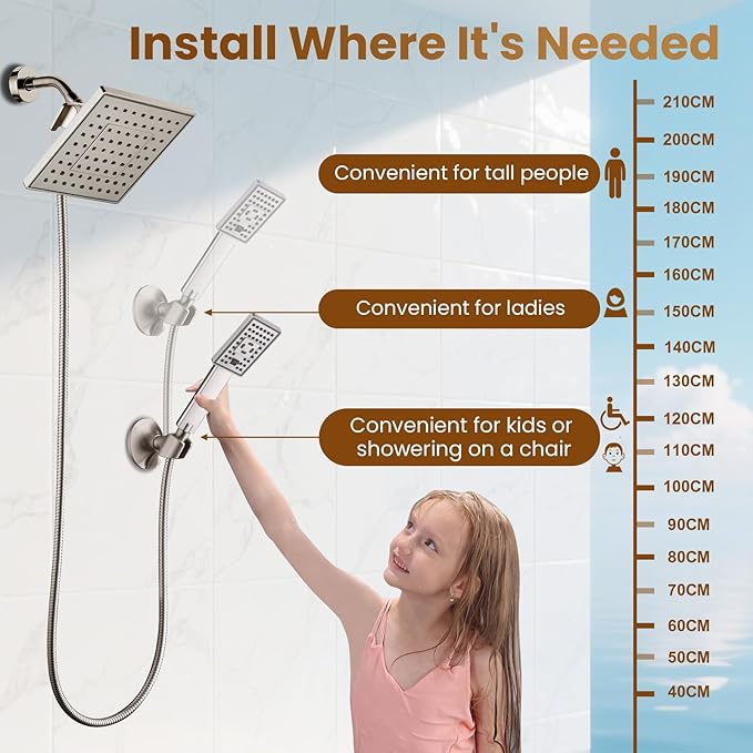 BRIGHT SHOWERS Rain Shower Head with Handheld Spray, 8 Inch Rainfall Shower Head Combo with 60" Hose, Adjustable Dual Square Showerhead Set with 3-Way Diverter, Wall Bracket, Brushed Nickel
