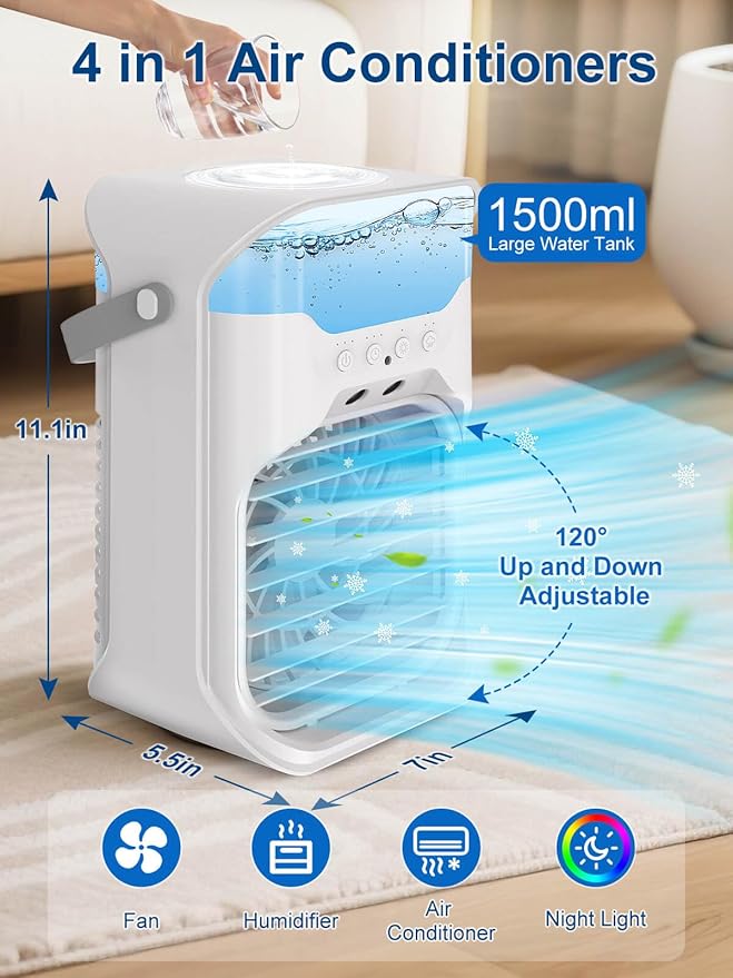 Portable Air Conditioner, 1500ML, Removable & Washable Fan Blades, Timer Function, 4 Speeds, 2 Cool Mists, 7-Color Light, Personal Evaporative Air Cooler for Home, Office, Bedroom, and Camping-White