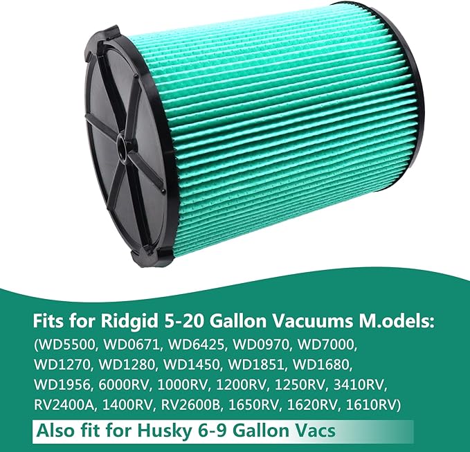 2 Pack VF6000 Filter for Ridgid Shop Vac 5-20 Gallon Wet Dry Vacuums WD5500 WD0671 WD6425 WD7000 WD1280 WD1851 WD1680 WD1956 RV2400A 1400RV RV2600B（with 4pcs Foam Sleeve）