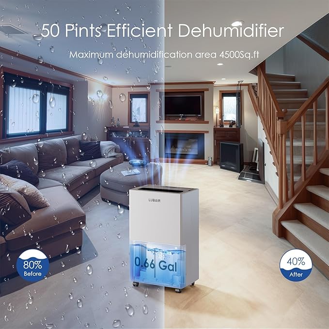 4500 Sq.ft Energy Star Dehumidifier for Home Basement, 52 Pints Large Room Dehumidifier with Drain Hose & Water Tank, Intelligent Humidity Control, Auto Defrost, for Living Room - 2024 Update