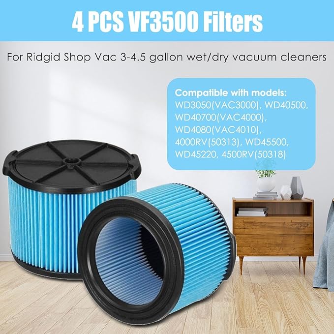 ANBOO 4 Pack VF3500 Replacement Filters for Ridgid Shop Vac 3-4.5 Gallon Wet/Dry Vacuum Cleaners + 2 Pack VF3501 Vacuum Filter Bags Compatible with Shop Vac 3-4.5 Gallon Vacuums