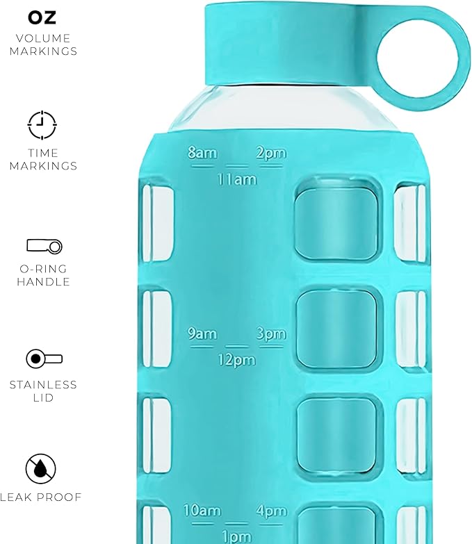 purifyou 40oz / 32oz / 22oz / 12oz Borosilicate Glass Water Bottle with Time & Volume Markers, Silicone Sleeve, Stainless Steel Lid | Reusable Glass Bottle for Water & Juice (22oz Aqua Blue)