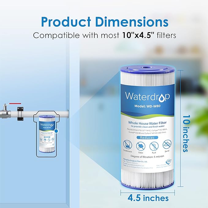 Waterdrop W50PEHD Whole House Water Filter, Replacement for American Plumber, W10-PR, Culligan® R50-BBSA, GE ®FXHSC, GXWH40L, GXWH35F, 5 Micron, 10" x 4.5", High Flow Sediment Filters, Pack of 3