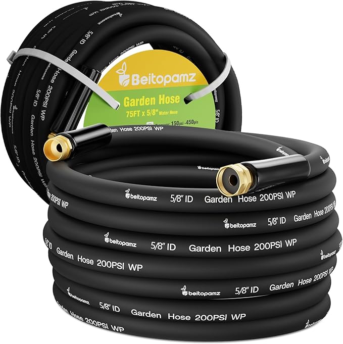 Garden Hose 75 ft x 5/8 in Heavy Duty Water Hose, Flexible and Durable, Lightweight Rubber Hybrid Hose, Leak-Free Connections, Male to Female Fittings, BT75B, Black