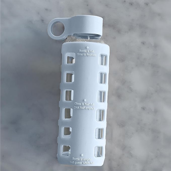 purifyou 40oz / 32oz / 22oz / 12oz Borosilicate Glass Water Bottle with Time & Volume Markers, Silicone Sleeve, Stainless Steel Lid | Reusable Glass Bottle for Water & Juice (12oz Ice Blue)