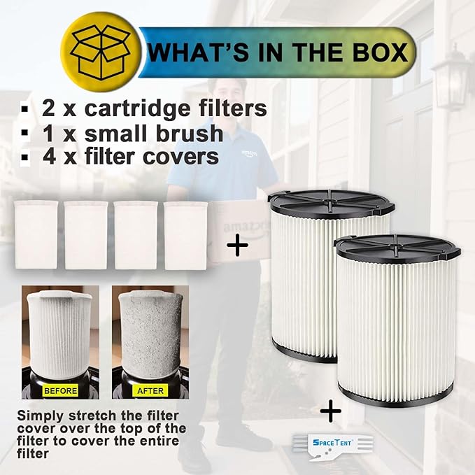 2 Pack VF4000 Filter Replacement for Rigid Shop Vac Filter, Standard Wet/Dry Vac Filter 72947, compatible with RIDGID most 5-20 Gallon and Husky 6-9 Gallon Vacuums, with 4 Pack Filter Covers