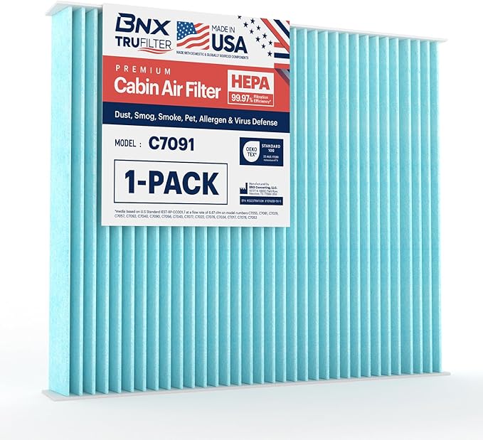 BNX TruFilter C7091 Cabin Air Filter, HEPA 99.97%, MADE IN USA, Compatible With Select Chevrolet: Silverado, Impala, Cruze, Malibu, Traverse, GMC: Sierra, Yukon, Terrain, Buick: Enclave, LaCrosse