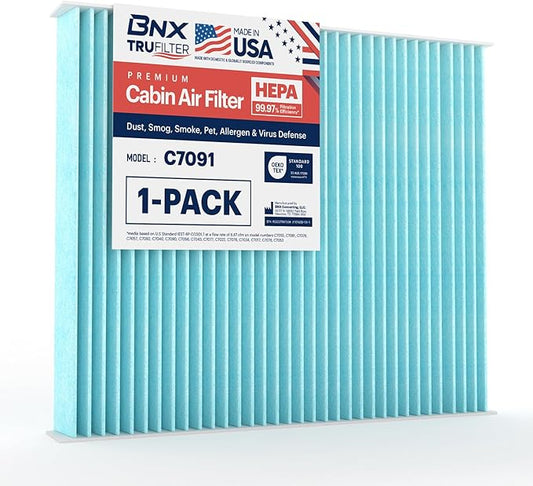 BNX TruFilter C7091 Cabin Air Filter, HEPA 99.97%, MADE IN USA, Compatible With Select Chevrolet: Silverado, Impala, Cruze, Malibu, Traverse, GMC: Sierra, Yukon, Terrain, Buick: Enclave, LaCrosse