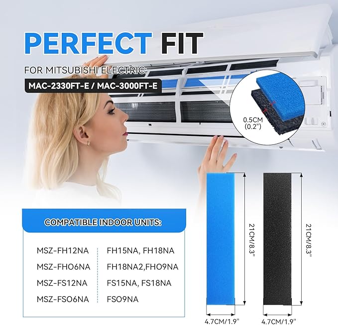 16 Pcs Mini Split Air Filter Compatible with Mitsubishi Electric MAC-2300FT-E, MAC-3000FT-E, 8.3" Replacement, No Frame