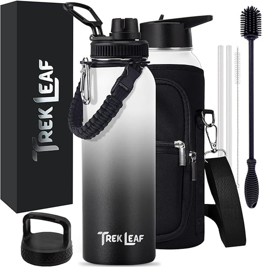 Travel Water Bottle with Carrying Bag, 3 Lids (Spout, Straw, Handle), and Bottle Brush; Leak Proof, Quality, Vacuum Insulated, Stainless Steel (Day & Night, 40 oz)