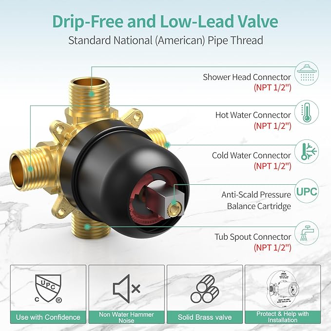 SR SUN RISE Shower System with Tub Spout, 35-Function Dual 2-in-1 Tub and Shower Faucet Combo Set, Single-Handle Tub and Shower Trim Kit, Patented 3-Way Diverter Matte Black(Valve Included)