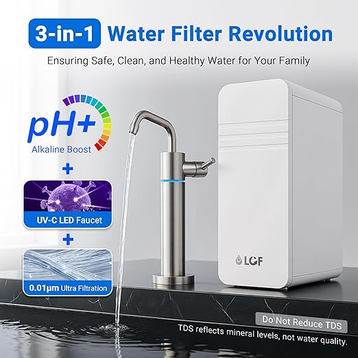 LCF 0.01μm Ultra-Filtration Under Sink Water Filter System, 3-Stage Alkaline Mineral pH+ Water Purifier, LED UV͎ Ultrąviolët SUS304 Faucet, Reduces up to 99.9% of Baçtёria, Bad Taste & Chlorine
