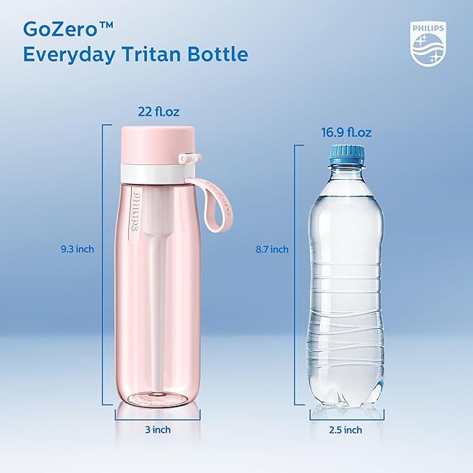 PHILIPS Filtered Water Bottle, BPA-Free Tritan Plastic Water Bottles, Replaces 450 Plastic Water Bottle with Reusable GoZero Everyday Water Filter, Portable Filtering Bottle for Travel, 22 oz, Pink