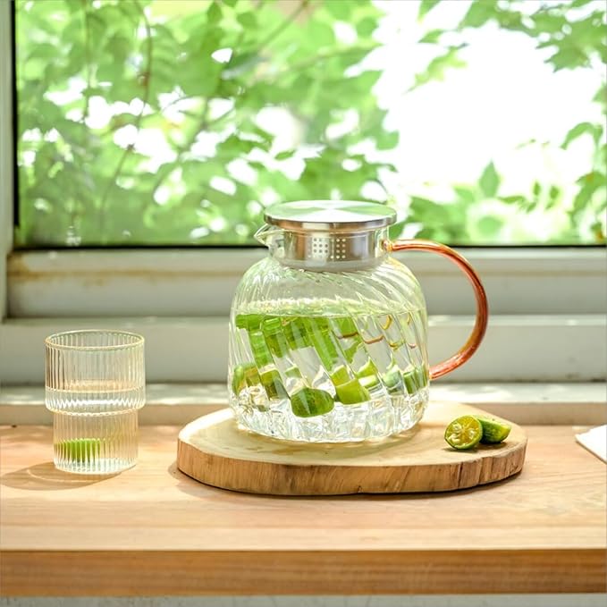Glass Pitcher with Lid,47 oz/1400 ml, Hand Blown Glass Water Pitcher for Drinks,Iced Tea, Juice, Coffee, Milk, Hot Water and Tea, Heat Resistant