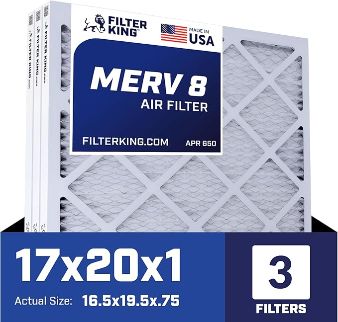 Filter King 17x20x1 Air Filter | 3-PACK | MERV 8 HVAC Pleated A/C Furnace Filters | MADE IN USA | Actual Size: 16.5 x 19.5 x .75"