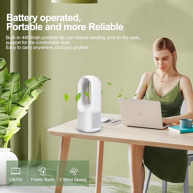 CONBOLA Desk Fan Small Quiet, Battery Operated Portable, Bladeless Desktop Fan with 3 Cooling Speeds, 11.8 Inch Touch Control Personal Fan for Bedroom, Office, Home, Outdoor (White)