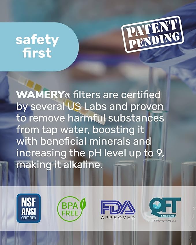 Wamery Alkaline Pitcher Water Filter Replacement for Brita Pitchers - 3 Pack, Improves pH & Taste, 42‑Gallon Each, Coconut Activated Carbon, Leak‑Free Fit, Easy Install