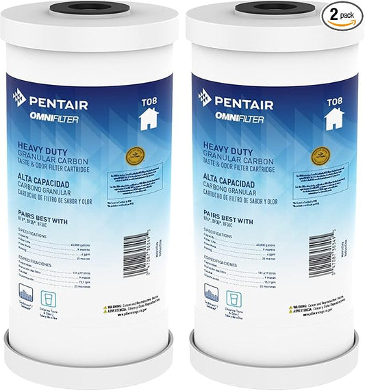 Pentair OMNIFilter TO8 Carbon Water Filter, 10" Heavy Duty Big Blue Whole House Granular Carbon Taste & Odor Replacement Filter Cartridge, 10" x 4.5", 25 Micron |(Pack of 2)