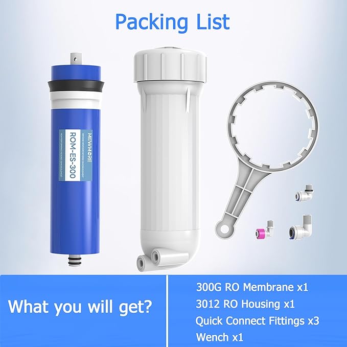 300 GPD RO Membrane Filter with Housing, Replacement Reverse Osmosis Membrane Fit Home Under Sink RO Drinking Water Filter Purifier Filtration System with Wrench, 1/4" Fitting, Check Valve