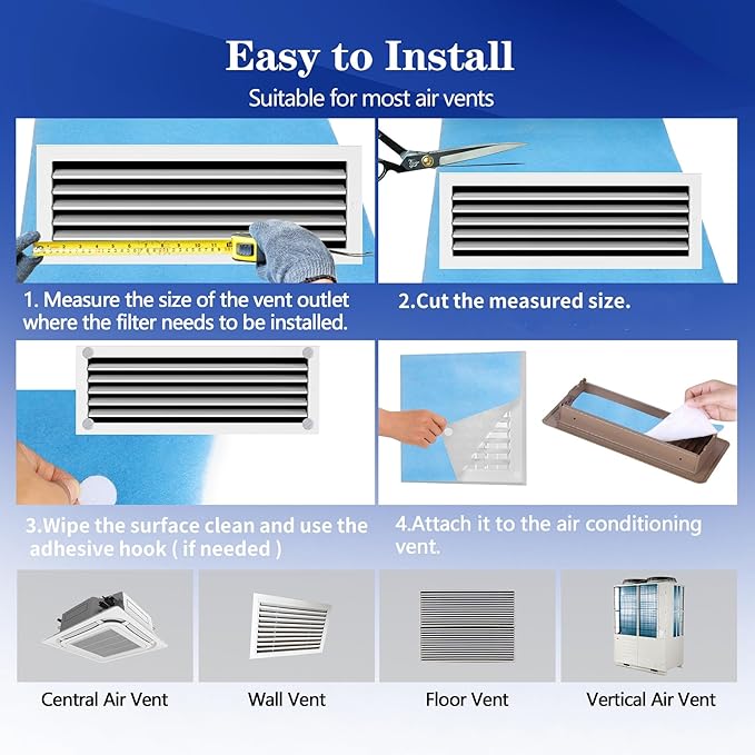 Air Vent Filters, 20"X120" Cut to Size Air Filter Material, MERV 8 Electrostatic Air Filter Roll, Blue & White Vent Filters for Home Floor, Rv Ac Vent, Ceiling, Refrigeration, HVAC Furnace Vent, Etc