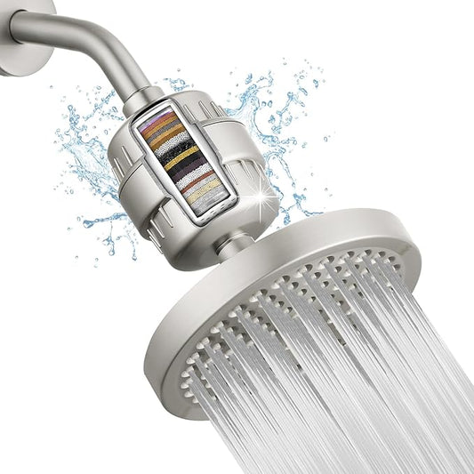 High Pressure Filtered Shower Head Set, 6’’ Rain Shower Filter for Hard Water, Universal Round Showerhead 20 Stage Filtration Removes Impurities for Rejuvenated Skin by Eolax, Brushed Nickel