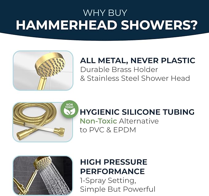 HammerHead Showers® Solid Metal LOW FLOW Handheld Shower Head with Hose and Brass Holder - BRUSHED GOLD – Water Saving 1.75 GPM Detachable Shower Head - Adjustable Shower Wand Bracket & 6ft Hose