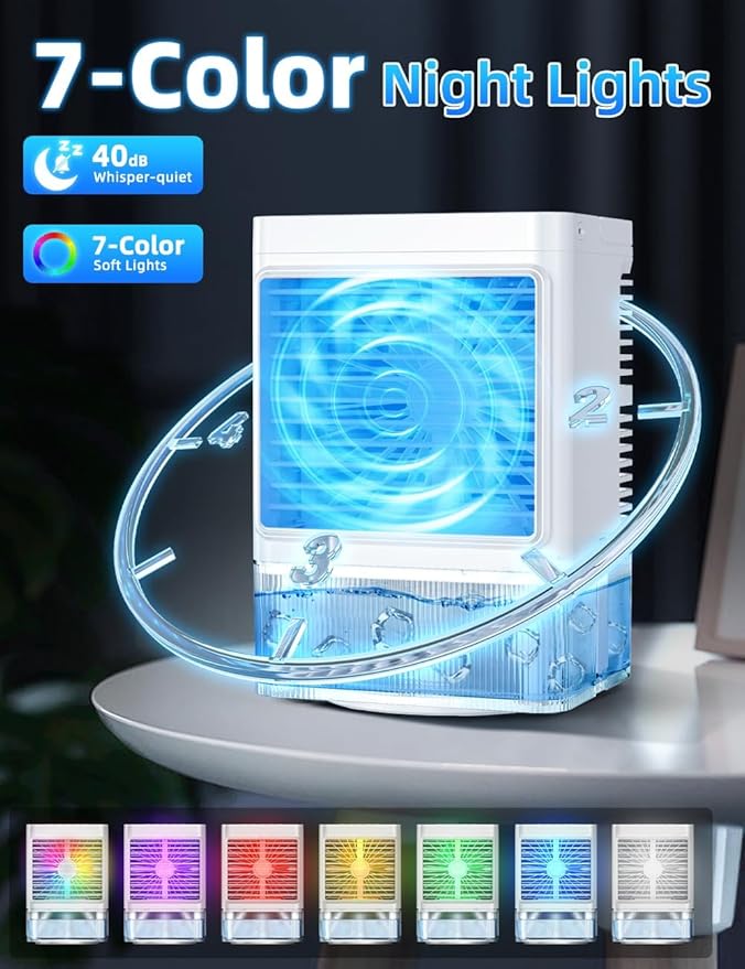 Small Air Conditioner w/ 3 Speeds&3 Modes, Remote, 1100ML Tank Humidifier, 8-Cube Ice Tray, 120° Oscillating, 4 IN 1 Portable Air Conditioners, 7-Color Light, 4H Timer Desk AC Unit for Bedroom