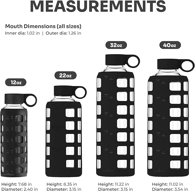 purifyou 40oz / 32oz / 22oz / 12oz Borosilicate Glass Water Bottle with Time & Volume Markers, Silicone Sleeve, Stainless Steel Lid | Reusable Glass Bottle for Water & Juice (12oz Jet Black)