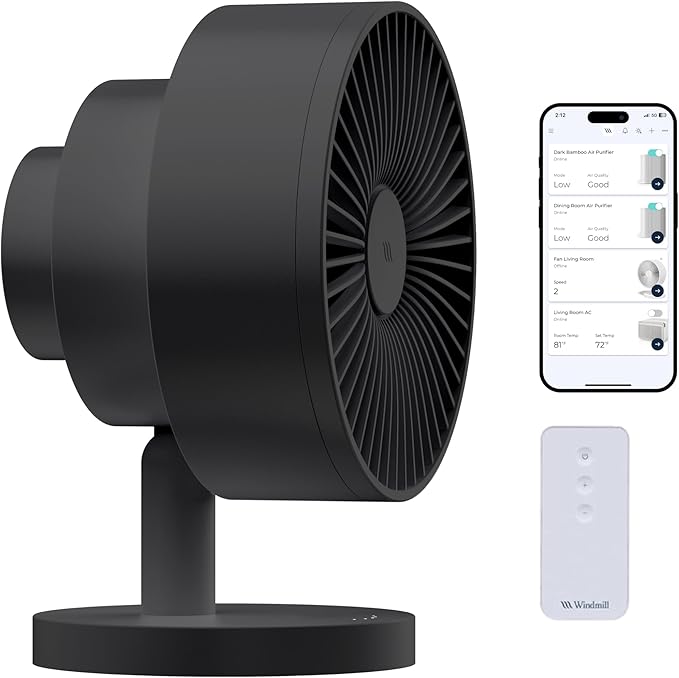 Windmill NEW to Amazon Smart Air Circulator and Fan with Remote and Wi-Fi/App - 18 dB Whisper-Quiet plus Tri-Layer Airflow - Black Color