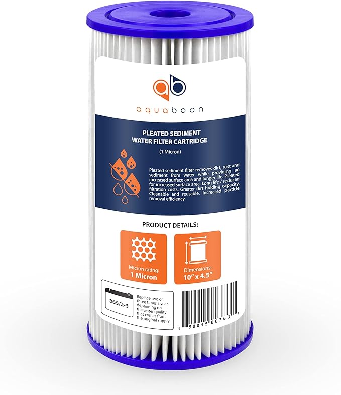 Aquaboon 1 Micron Pleated Water Filter 10 x 4.5 for Whole House Sediment Water Filter Replacement Compatible with Well Filters FXHSC, R50-BBSA (4-PACK)