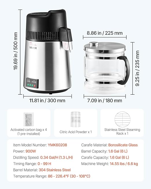 VEVOR Water Distiller, 6L 1.6 Gallon Larger Pure Water Purifier Filter For Home Table Countertop, 900W Glass Pot Distilled Maker, Stainless Steel Interior Drinking Machine to Make Clean Waters, Silver