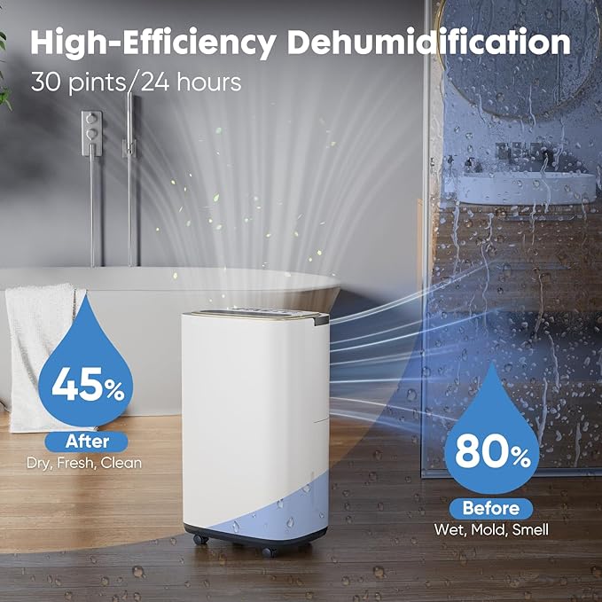 Sweetcrispy 2,000 Sq. Ft. Dehumidifier for Basement, 30 Pints Dehumidifiers for Home with Drain Hose, 74oz Water Tank Portable Quiet Moisture Remover, Ideal for Bedroom & Bathroom