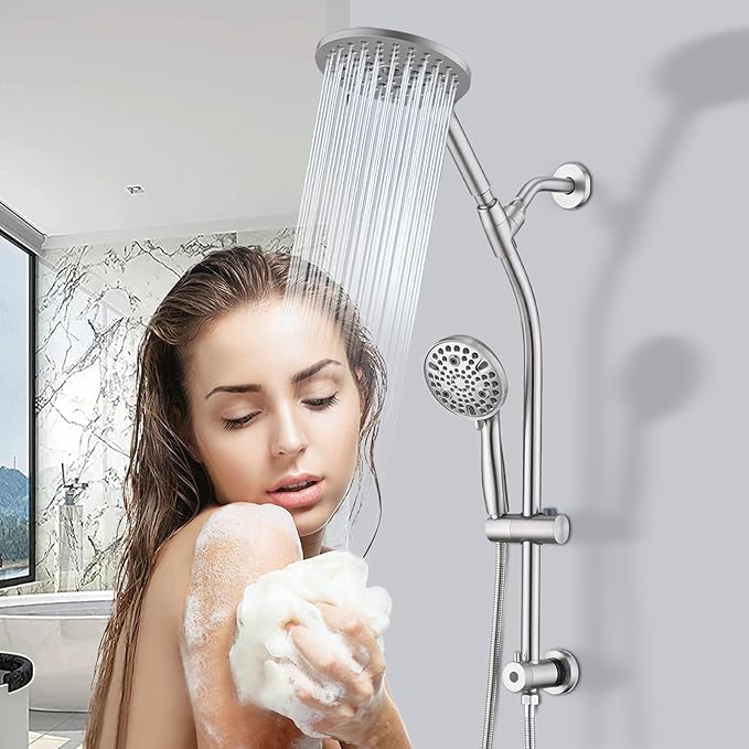 High Pressure Shower Head with Handheld Shower, 26" Adjustable Height Drill-Free Slide Bar, 3-Way Diverter for Easy Reach, Dual Shower Head Combo Set with 5ft Hose - Brushed Nickel