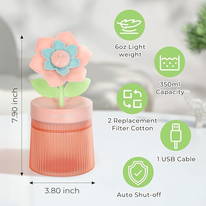 Cute Flower Mini Humidifier, 260ml Gardenia Desktop Humidifiers for Bedroom, Portable Small Cool Mist Humidification for Home, Baby Nursery, Office & Indoor Plants, USB Powered (Pink)
