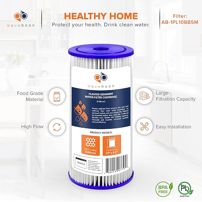 Aquaboon 5 Micron Pleated Sediment Water Filter 10 x 4.5 Cartridge - Whole House Water Filter Replacement - Whole House Water Filters Cartridges Compatible with Well Filters FXHSC, R50-BBSA, 10-Pack