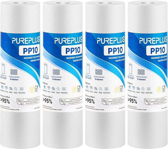 PUREPLUS 5 Micron 10" x 2.5" Whole House Sediment Home Water Filter Cartridge Replacement for Any 10 inch RO Unit, Culligan P5, Aqua-Pure AP110, Dupont WFPFC5002, CFS10, WHKF-G05, 4Pack