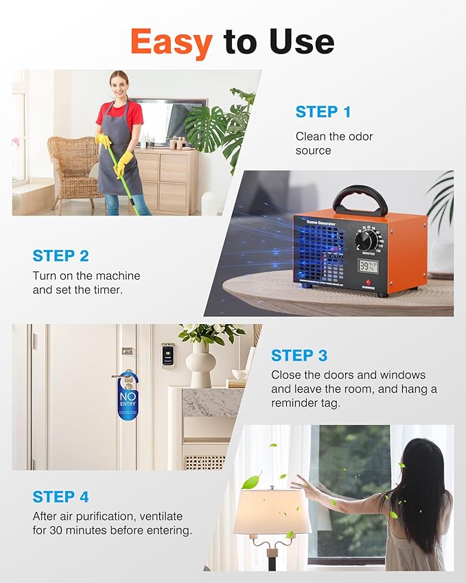 Ozone Generator - 60000 mg/h Ozone Generator for Large Spaces up to 5000 Sq.Ft, Air Purifier with Temp & Humidity Display, 120-Min Timer, Ozone Machine for Cars, Homes, Hotels, Kitchens & Pet Areas