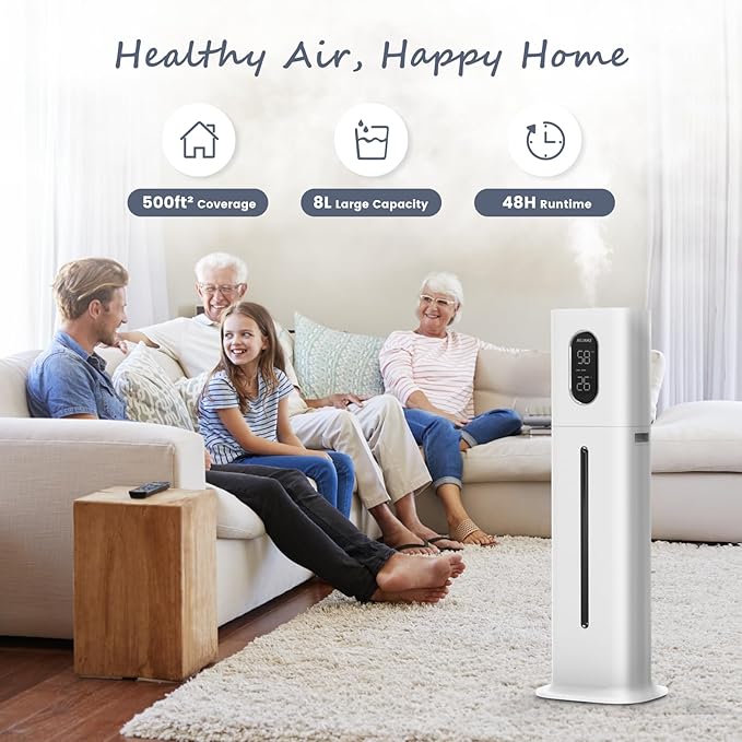Humidifier Large Room, 2.1Gal/8L 3 Speed Quiet Humidifiers for Bedroom with Timer, Top Fill Ultrasonic Cool Mist Humidifier with Humidity Setting, Timer, Aroma Box for Home, Plant, Baby, Yoga