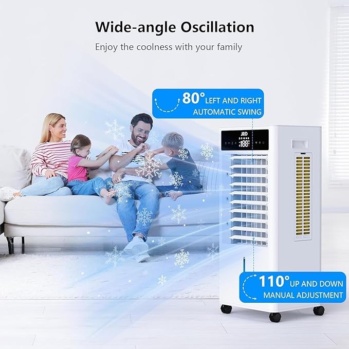 JRD 3-IN-1 Evaporative Air Cooler, 80° Oscillation Air Cooler with 3 Speeds, 4 Modes, 12H Timer, 2.4Gal Tank, Remote, Portable Swamp Cooler for Bedroom Home Office Garage