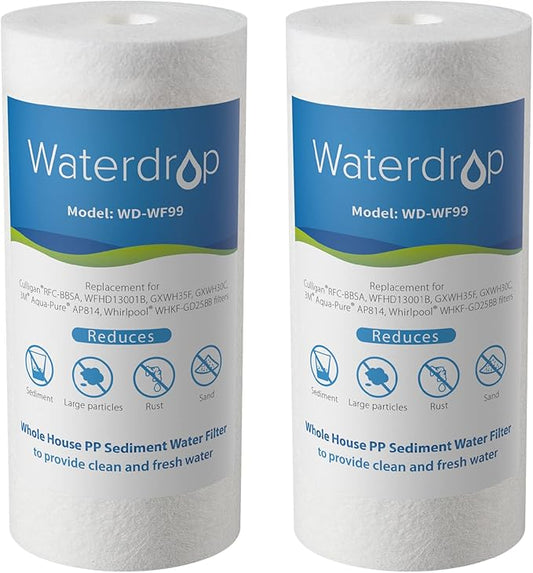 Waterdrop Whole House Sediment Water Filter, 10" x 4.5", Replacement for Pentair Pentek DGD-5005, GE® GXWH40L, GXWH35F, Culligan® RFC-BBSA, 3M® Aqua-Pure® AP810, 5 Micron, Pack of 2