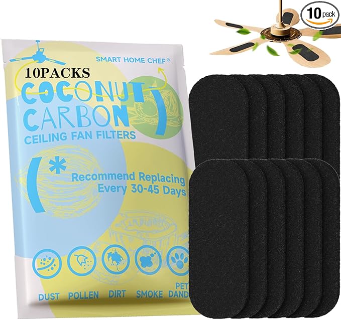 Ceiling Fan Filters for Blades with Activated Coconut Carbon - 10 Pack |Easy-Stick | Traps Dust, Pet Dander & Pollen |Odorless Reduction for Home & Office (10)