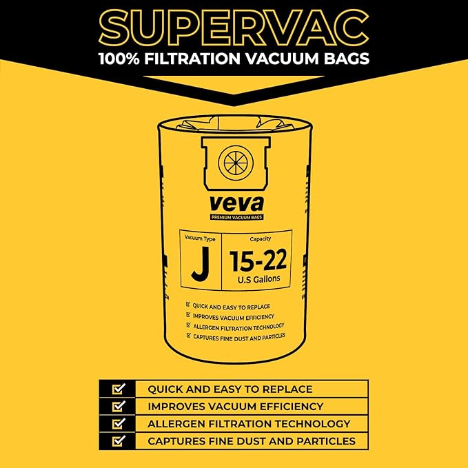 10 Pack, 15-22 Gallon Filter Bags for Shop Vac Vacuum - Type J 90673 - High-Efficiency Vacuum Bags